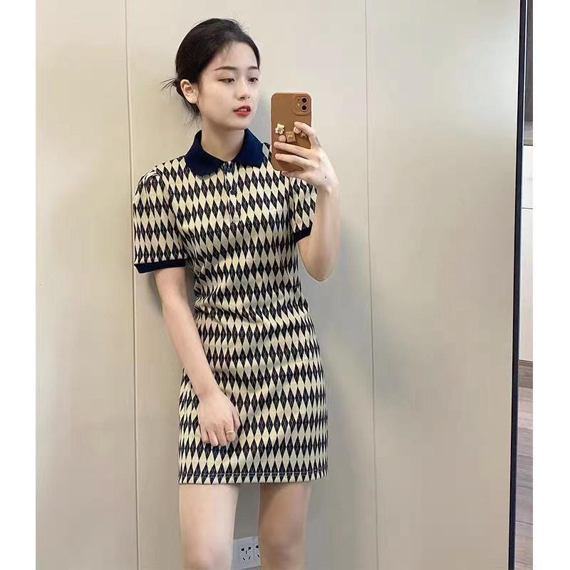 Polo Collar Rhombus Plaid Dress Women's Summer New Retro Niche Design Slim Short Skirt