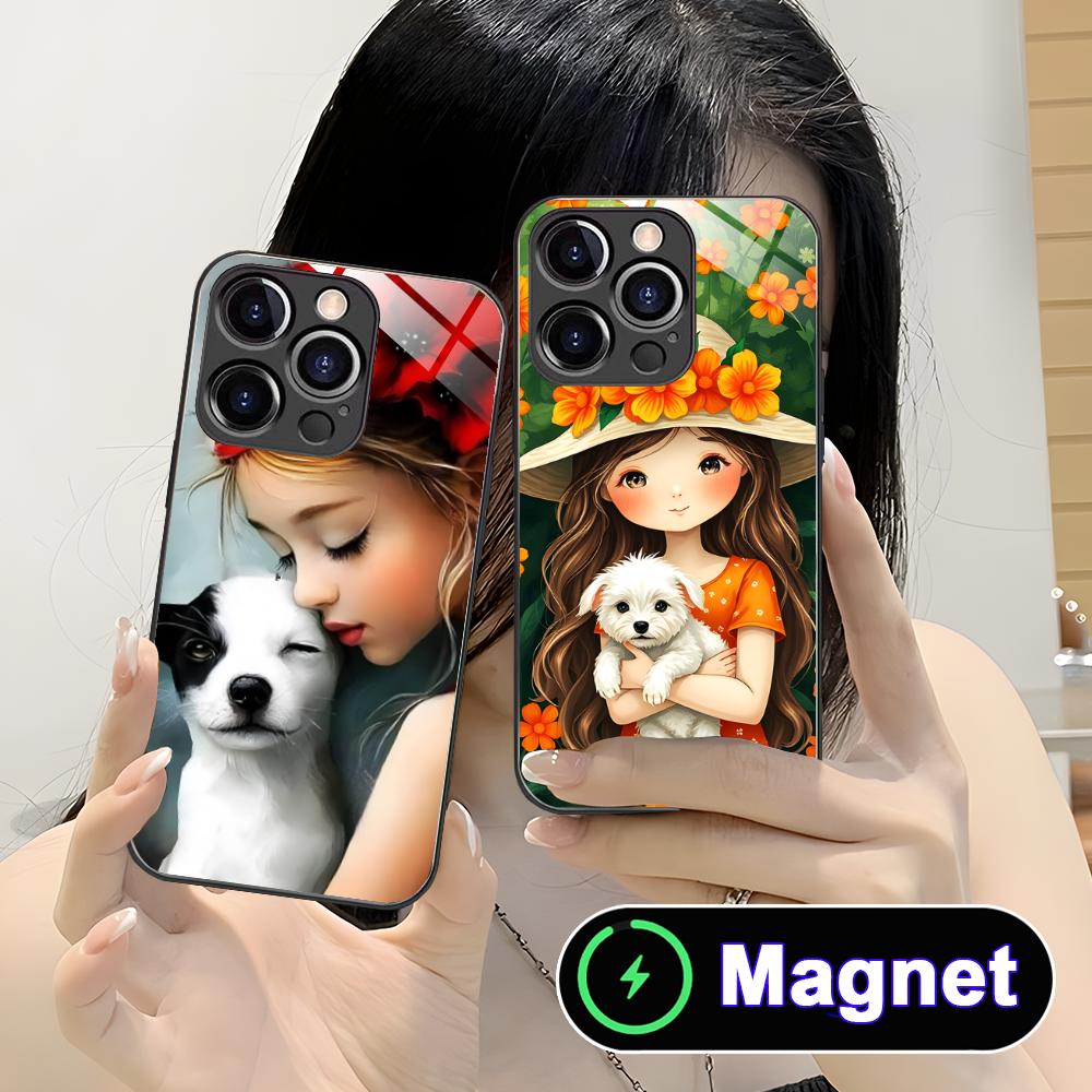 Girl Dog Puppy Glass MagSafe Mobile Phone Case for iPhone 17 16 15 14 13 12 11 Air Pro Max Plus Mini Colorful Cover