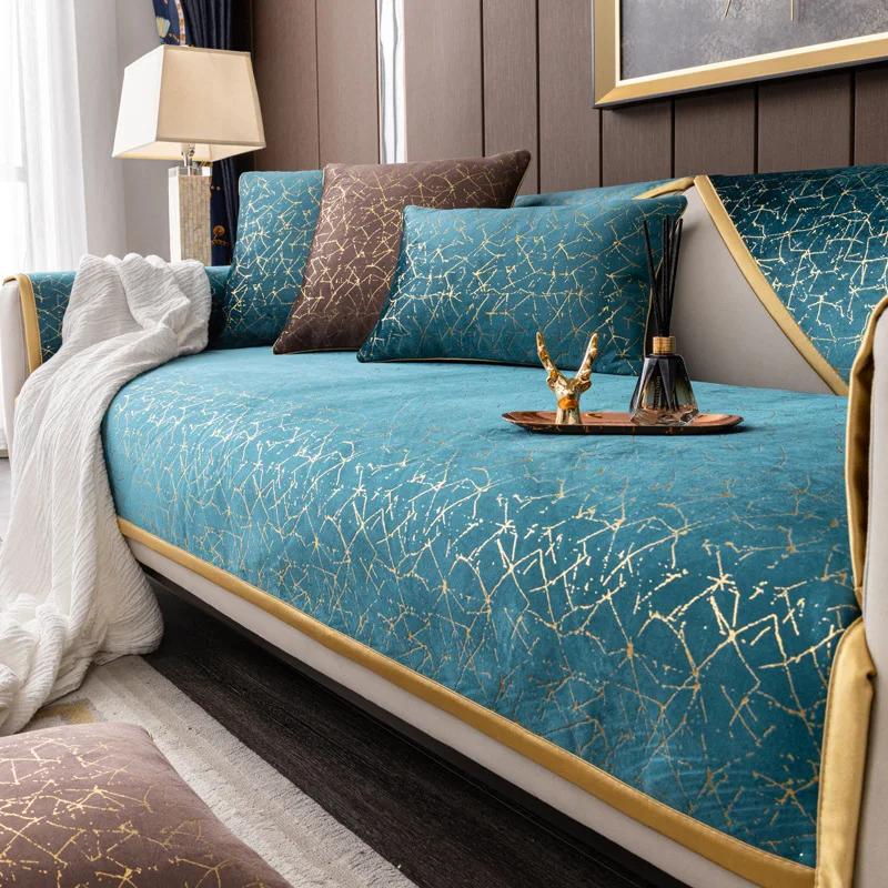 High-end Black Gold Leather Sofa Cushion Modern Non-slip Anti Cat Scratching Chair Pad Satin Edging Recliner Cover Towel Winter