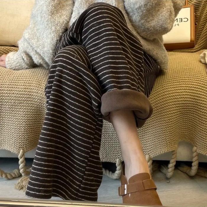 Retro Check Pattern Fleece Warm-up Casual Pants for Women, New Autumn-winter Style, Large Size, High Waist, Straight and Wide-leg Pants