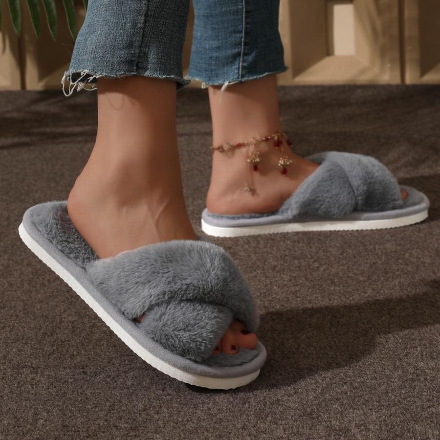 Women's Slippers, Plush European and American Style, Furry Crisscross Straps, Cotton Slippers, Women's Furry Cotton Slippers