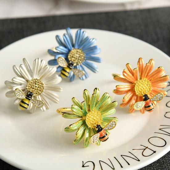 4Pcs Napkin Rings Adorable Anti-rust Alloy Spring Flower Bee Painted Napkin Buckle for Party