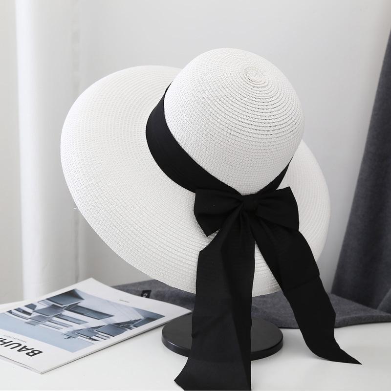 Hepburn Hat Female Black Straw Hat Sunscreen Vacation Seaside Beach Sun Hat Summer Big Brim Sun Hat Big Brim