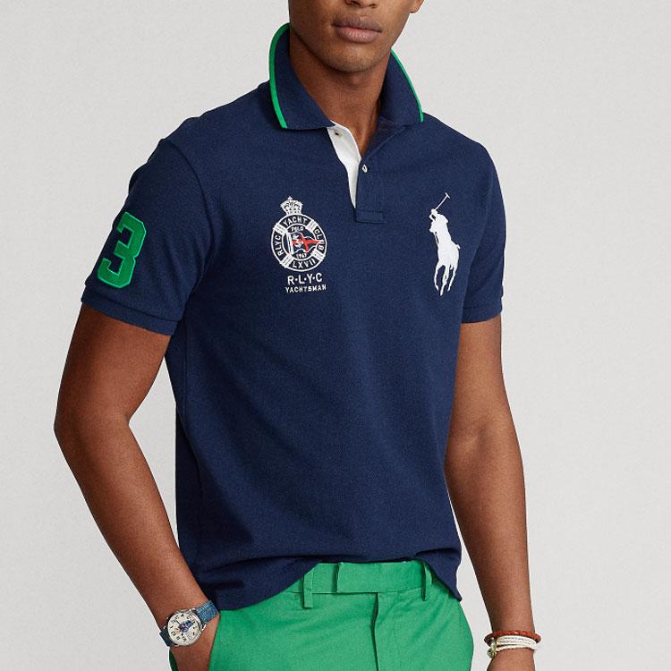 Polo Ralph Lauren Ss23 Pletený pulovr s vyšívaným logem krátký rukáv pánské polo tričko námořnická modrá MNPOKNI1N821202-410