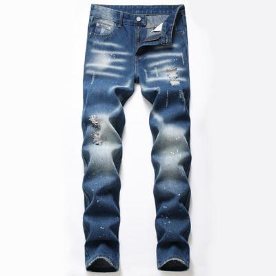 2024 Europejskie i amerykańskie jeansy Splashed Ink Jeans Blue Ripped Jeans Trendy męskie spodnie