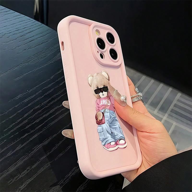 For iPhone 17 16 15 14 13 12 11 Pro Max Case Cute and Stylish Pink Bear Design Cover For iPhone XS Max XR X 7 8 Plus 16E Fundas
