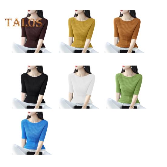 Women Tops Slim Fit Solid Color Ribbed T-Shirt Round Neck Half Sleeve Elastic Pullover Tops Daily Wear