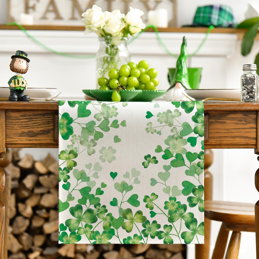 Artoid Mode Shamrock Love Heart 210 GSM St. Patrick's Day Table Runner, Seasonal Spring Kitchen Dining Table Decoration for Home Party Decor 13x72