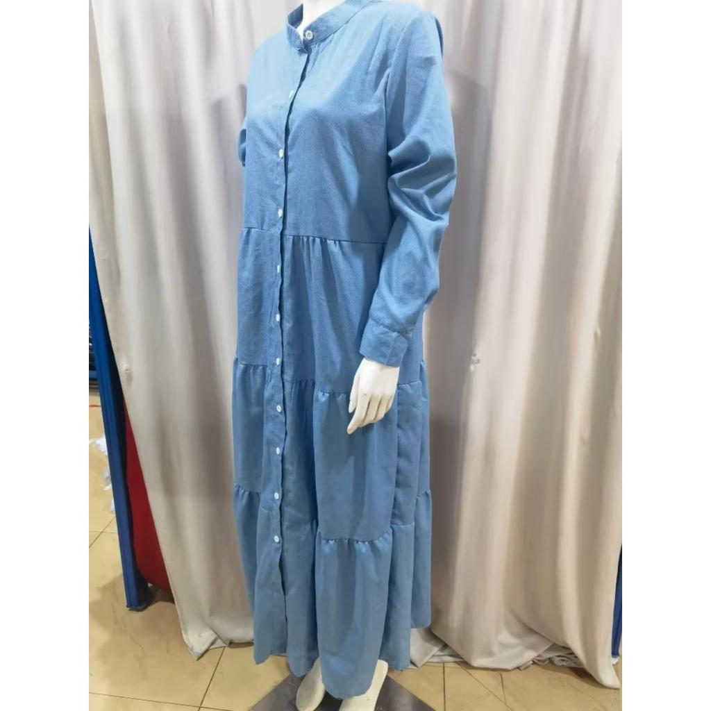New Women's Casual Washed Solid Color Dress Round Neck Commuter Style Fashion Single Breasted Splicing Long Dress 5XL