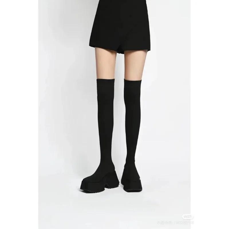 Fashion Women's Over The Knee Sock Boots Winter New Fashion Stretch Thick Heels Knitted Long Boots Women Slip on Platform Shoes
