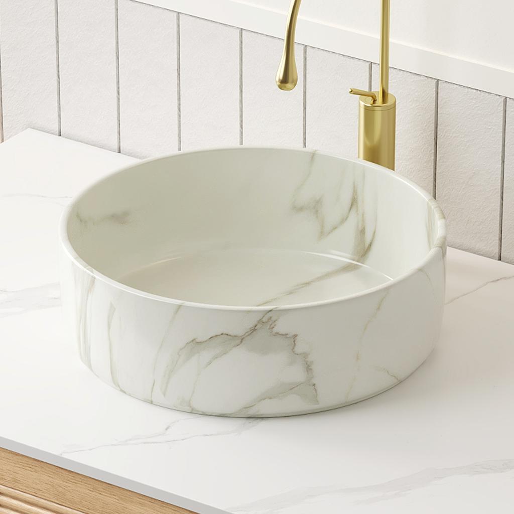 36cm Round Wash Bowl with Stone Grain, Basin Only, WITHOUT Faucet and Drain, WITHOUT Base Cabinet, Matte White