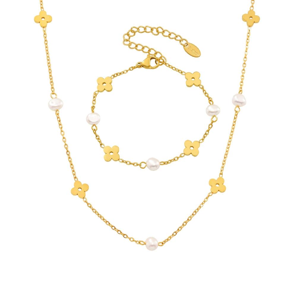 Conjunto de collar y pulsera de perlas de agua dulce con diseño floral elegante en acero inoxidable