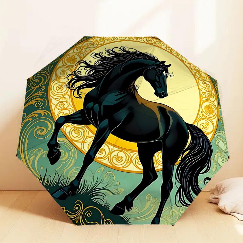 Black Horse Elegance: Luxury Umbrella with Intricate Floral Design   Auto Open/Close, Outdoor Protection, Travel Accessory, Lightweight & Durable 104