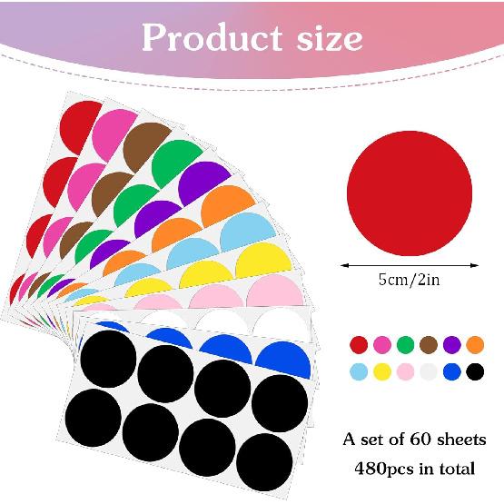 480 Pcs 2 Inch Colored Dot Stickers Round Color Coding Label Sticker Circle Moving Sticker Labels, 12 Assorted Colors Dot Stickers for Boxes Coloring