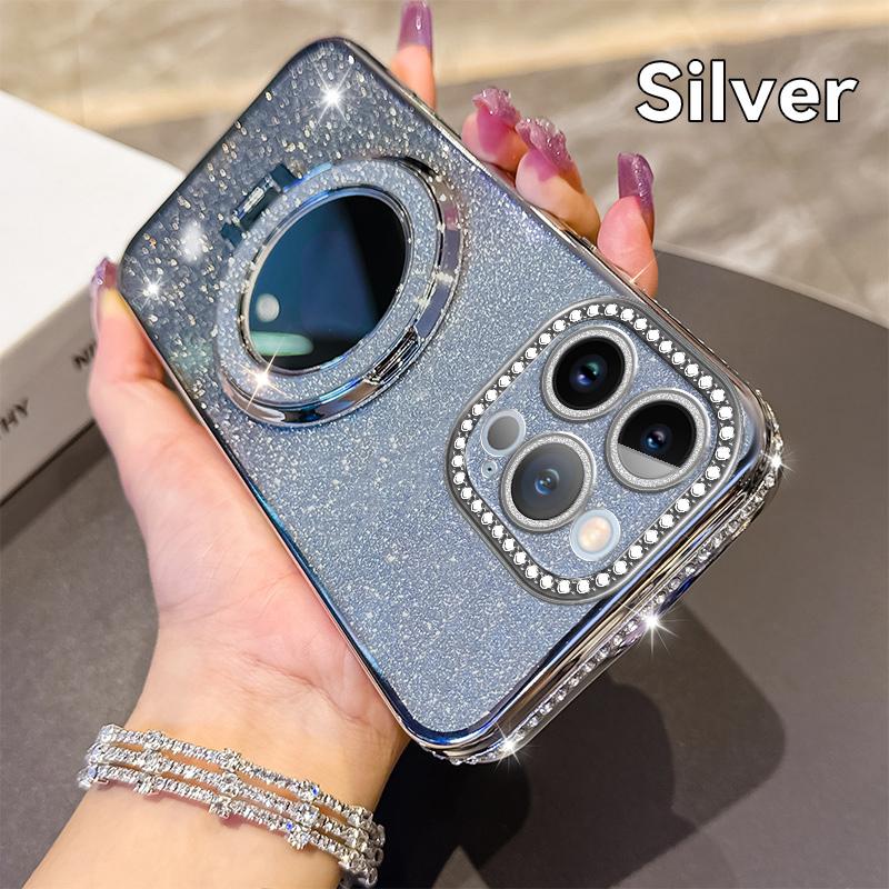 KEYSION Luxury Glitter Jewelled Magnetic Phone Case for iPhone 13 14 Pro Max Makeup Mirror Ring Stand Shockproof Back Cover