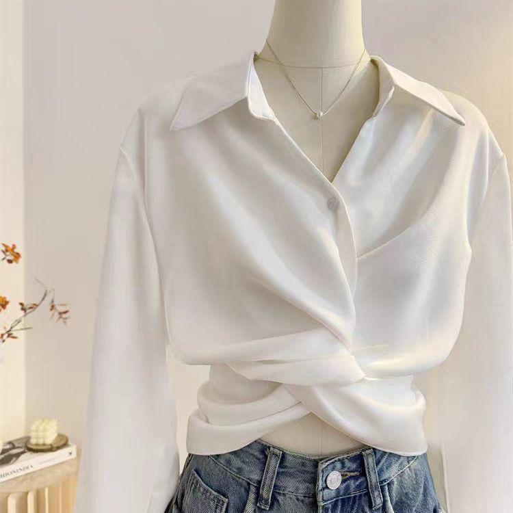 1116 New French Kinked White Shirt, Drape Temperament Short Waist Design Long-sleeved Shirt Women