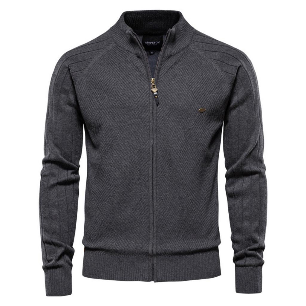 New Men's Pure Color Lapel Jacquard High Neck Knitted Cardigan Autumn Casual Versatile Coat