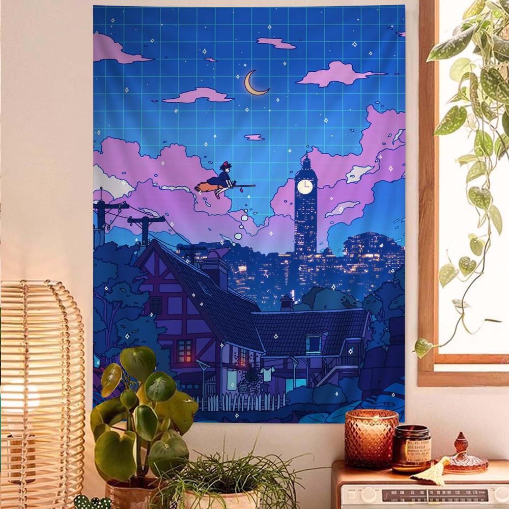 City Night Moon Aesthetic Tapestry Japanese Anime Boosts Home Decor and Room Atmosphere Bedroom Tapestry Living Room Tapestry