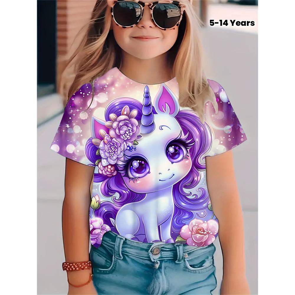 

Unicorn Pattern T-shirt - Cute Floral and Star Design Short Sleeved Round Neck Top Suitable for Summer 140 белый
