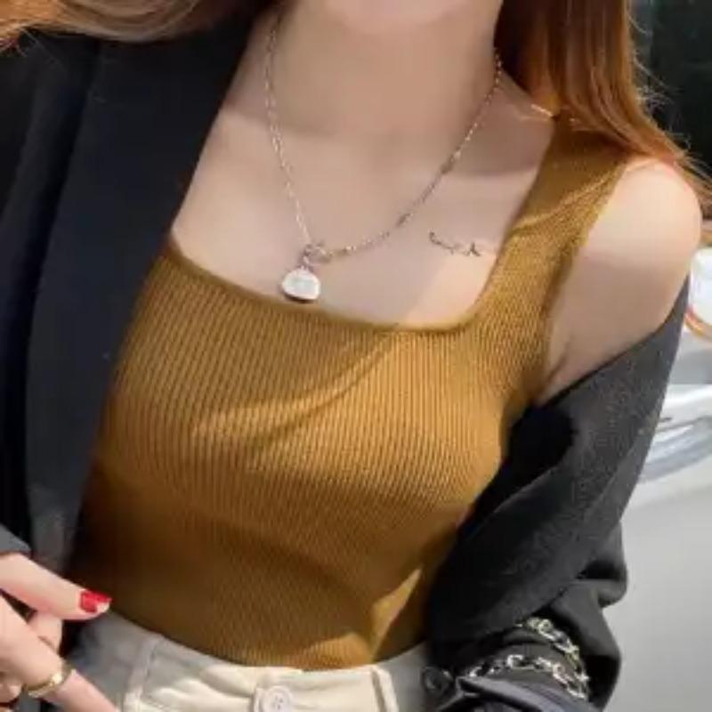Women Summer Casual Ribbed Tank Top Square Neck Slim Sleeveless Top