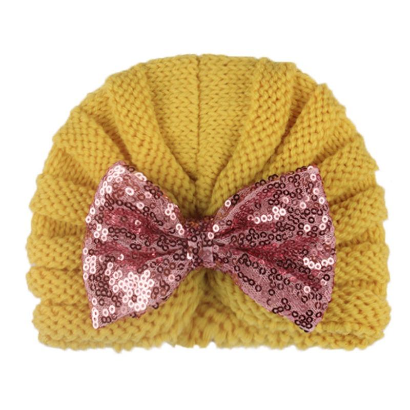 New baby sequined knotted thermal hat in autumn and winter, cute baby bow knitted hat, children's hat