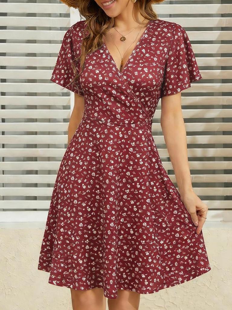 Women's Floral V-Neck A-Line Wrap Dress - Short Sleeve, Summer Style