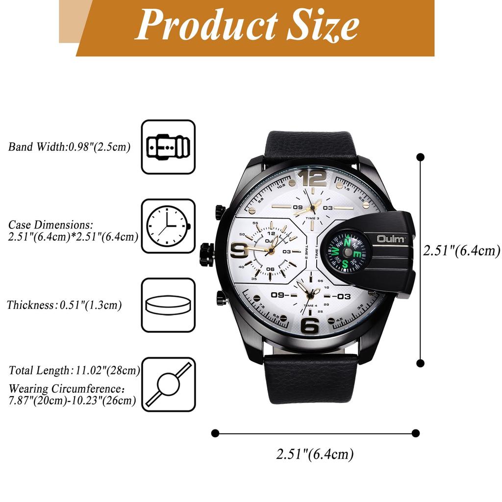 Men's Watch PU Leather Band 3 Time Zone Display Analog Display Quartz Waterproof Compass Design Large Dial Sports Watch Outdoor Easy To Read Casual