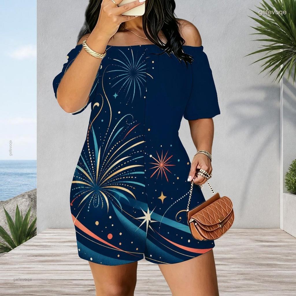 Women Plus Size Off Shoulder Short Sleeve Romper Abstract Geometric Graffiti Print Casual Jumpsuit Shorts