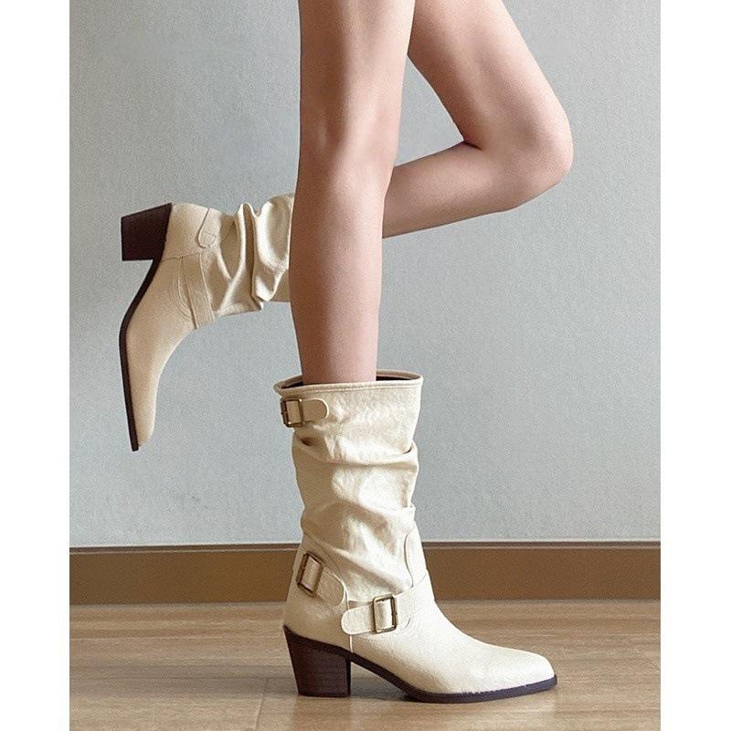 British Martin Boots Women's Thick Heel Skinny Short Western Cowboy Boots White Pointed Pile Boots