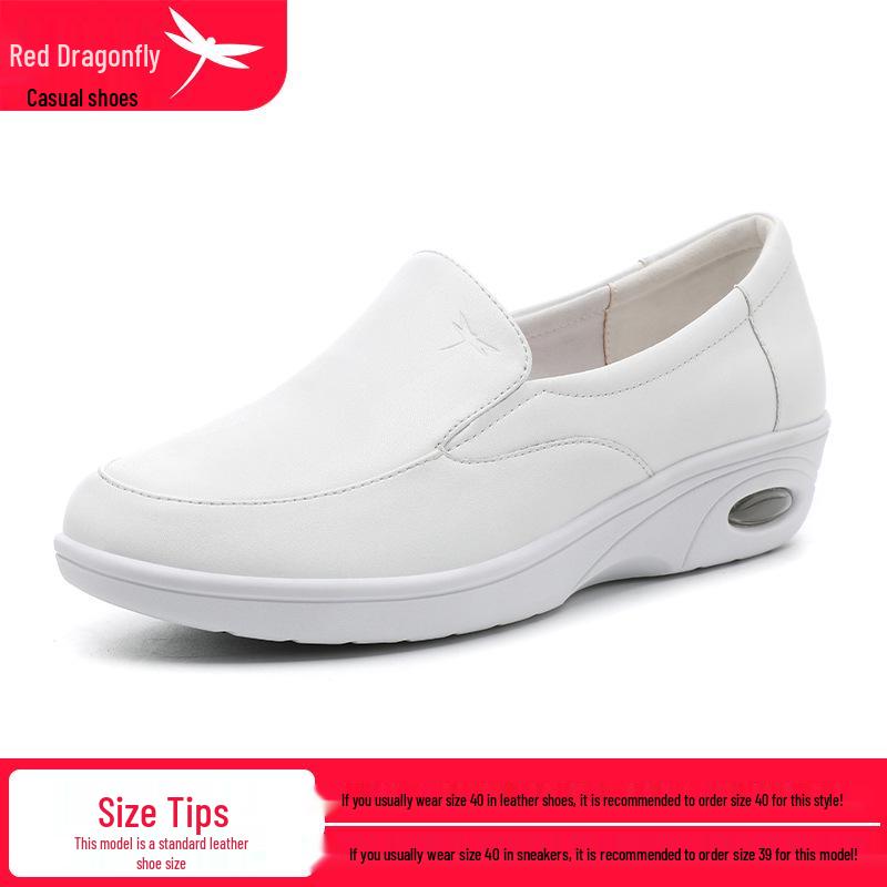 Red Dragonfly Women s White Wedge Heel Nurse Shoes - Genuine Leather, Air Cushion, Thick Sole, Comfort, Height Increasing, Soft Sole. Size 39