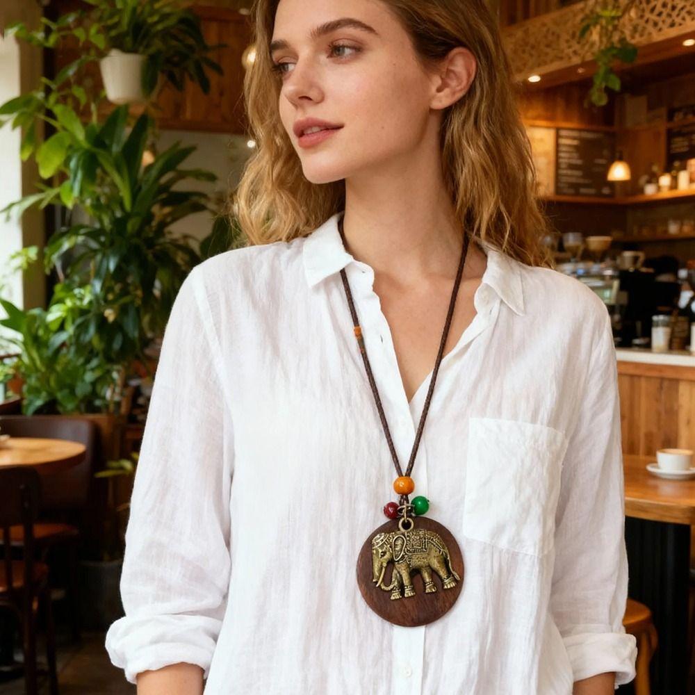 Hohle Blätter Pulloverkette Boho Pullover Halskette Vintage Holzanhänger Halskette für Damen Herren