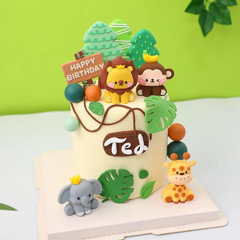 Topper per Torta Animali della Foresta Giungla Leone Giraffa Scimmia Elefante Per Baby Shower Decorazione Torta Regali Festa Primo Compleanno Bambini