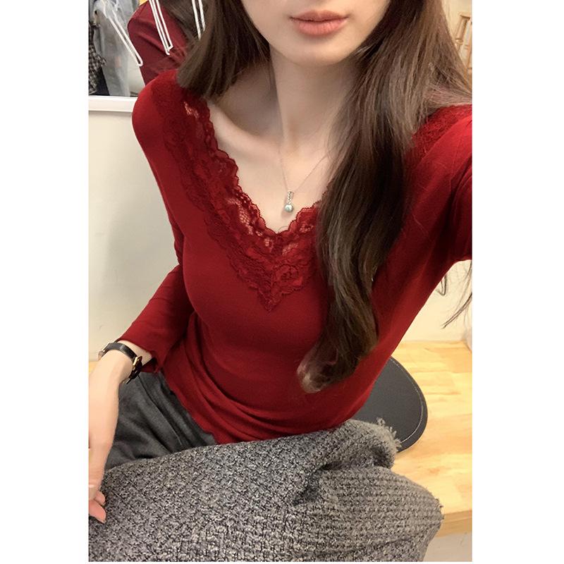 Элегантный топ с пэчворком из кружева, стройнящий, Осень Зима Large вино красного