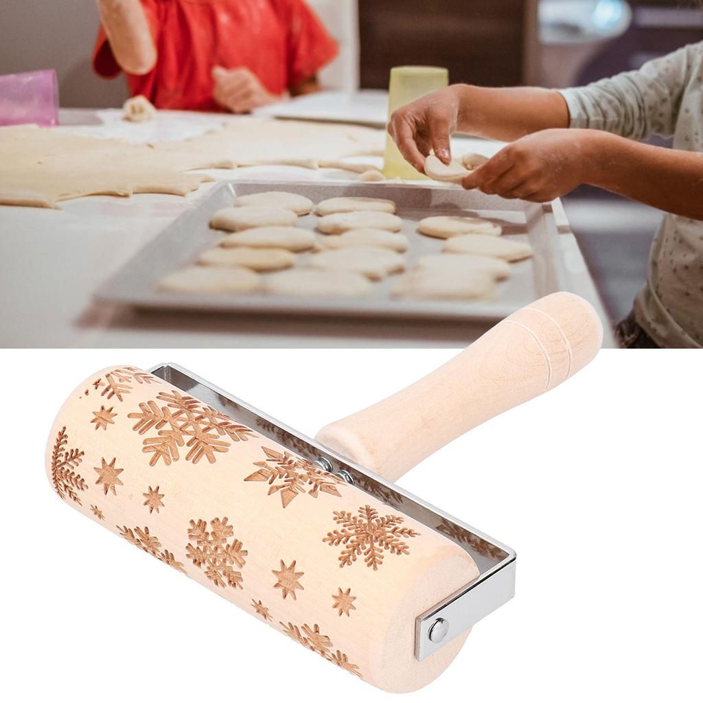 Christmas Rolling Pin Wooden Christmas Engraved Embossing Rolling Pin Dough Stick Baking ToolLarge Snowflake