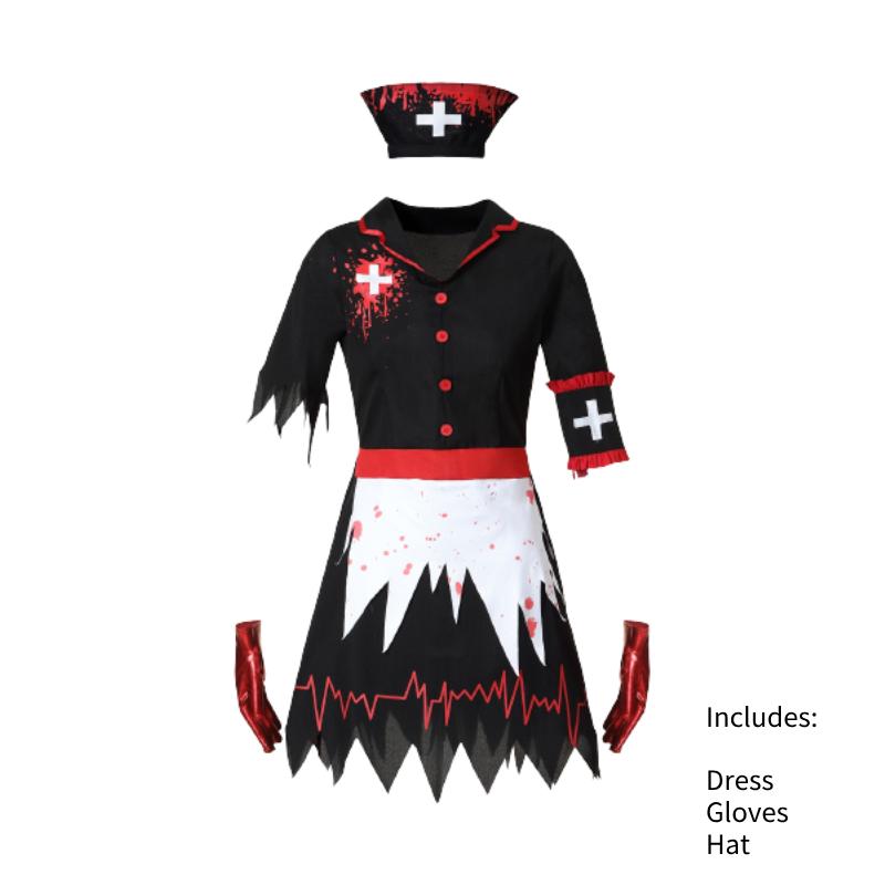 

Horrific Halloween Terror Bloody Nurse Cosplay Costume Set Outfit Props Party M чорний