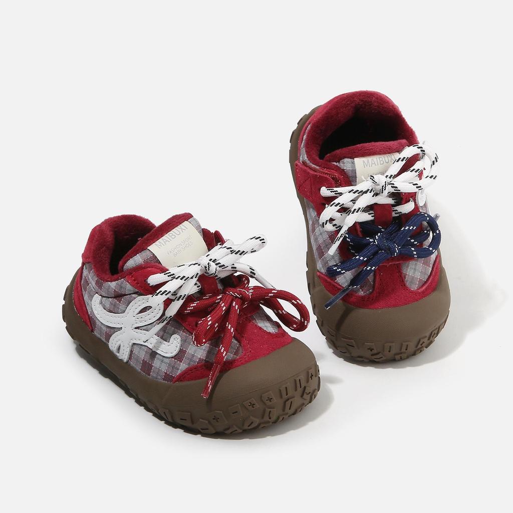 Kids' Cotton Spliced Upper Sports Shoes: Winter Plaid Walking Shoes with Double Shoelaces for Boys and Girls