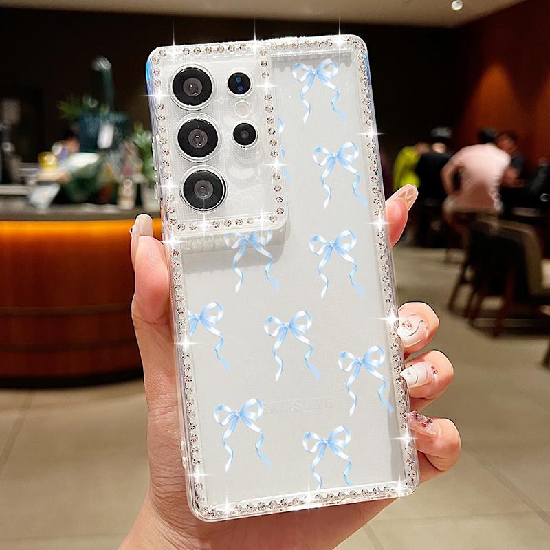 Diamantový měkký kryt s potiskem mašle pro Samsung Galaxy S25 Edge S24 S23 S22 Ultra S24 FE A56 A55 A54 A36 A35 A15 A16 A26 Kryt na telefon