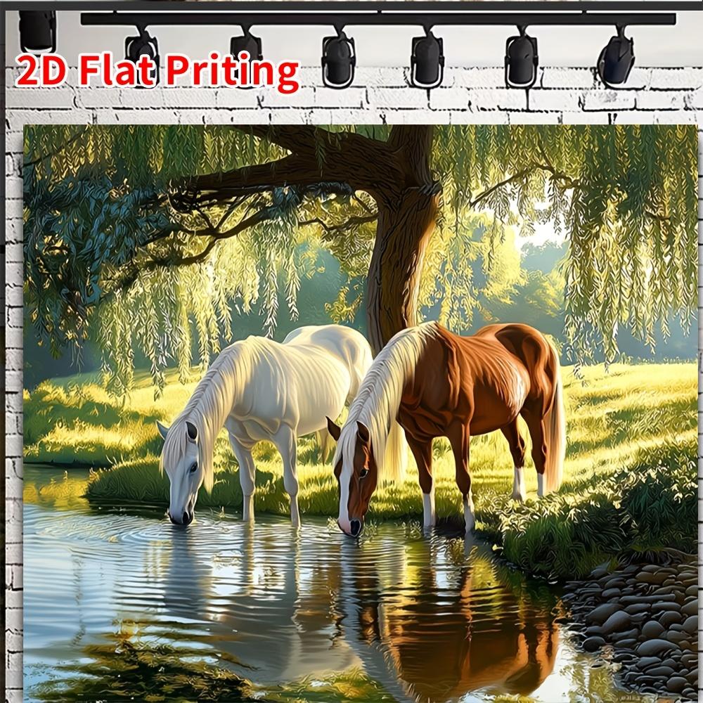 2D plane, 1 piece of pastoral-style horse drinking water scene is suitable for photography background and birthday party.