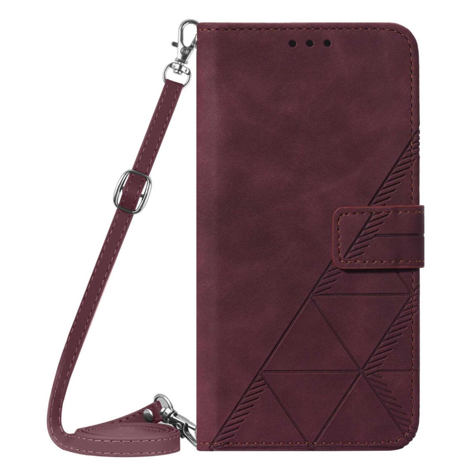 

For Google Pixel 7 Pro 5G Leather Case with Shoulder Strap Wallet Stand Phone Cover Wine Red