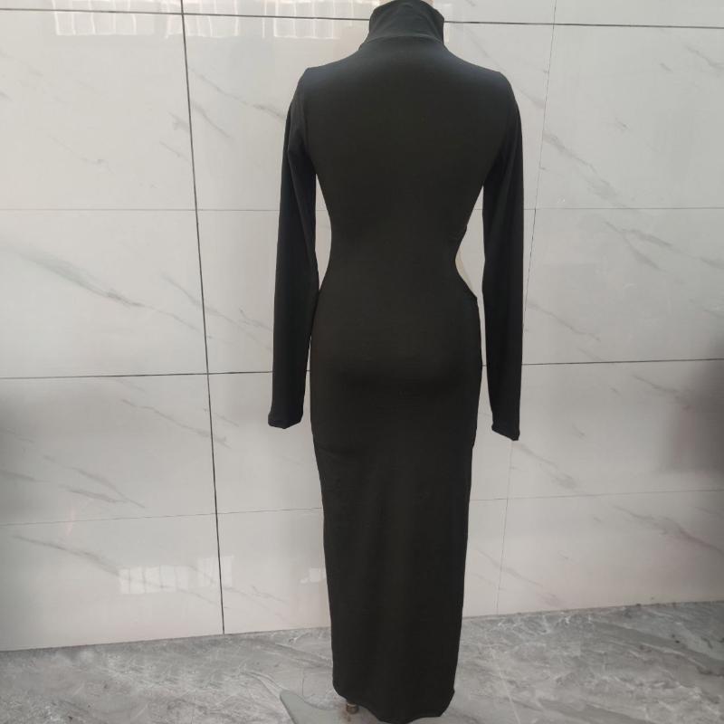 Y2K Evropské a americké dámské podzimní a zimní jednobarevné ležérní dlouhé šaty s dlouhým rukávem a dutým kulatým výstřihem