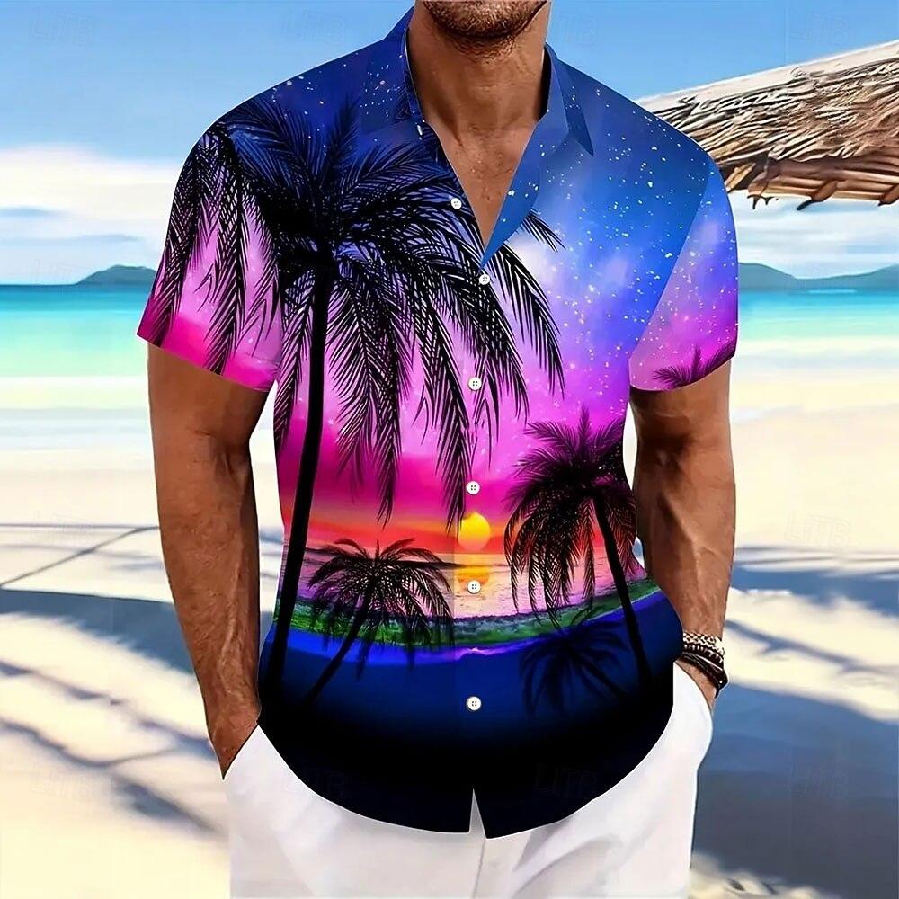 Men's Coconut Tree Starry Sky Summer Hawaiian Shirt Button Up Shirt Aloha Shirt Short Sleeve