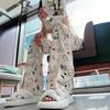 Niche Graffiti Printed Ice Silk Casual Pants for Women In Summer High-waisted Slim and Versatile Straight Wide-leg Pants