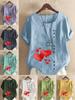 Women's Fashion Red Heart Print Round Neck Short Sleeve T-shirt Summer Casual Cotton Linen Graphic Shirt Leisure Loose Blouse Tops
