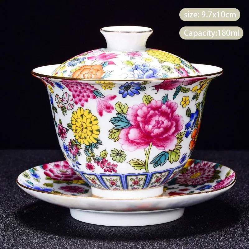 Chinese Enamel Color Ceramic Gaiwan Pot Bearing Handmade Flowers Porcelain Tea Bowl Teacup Household Tea Infuser Travel Teaware