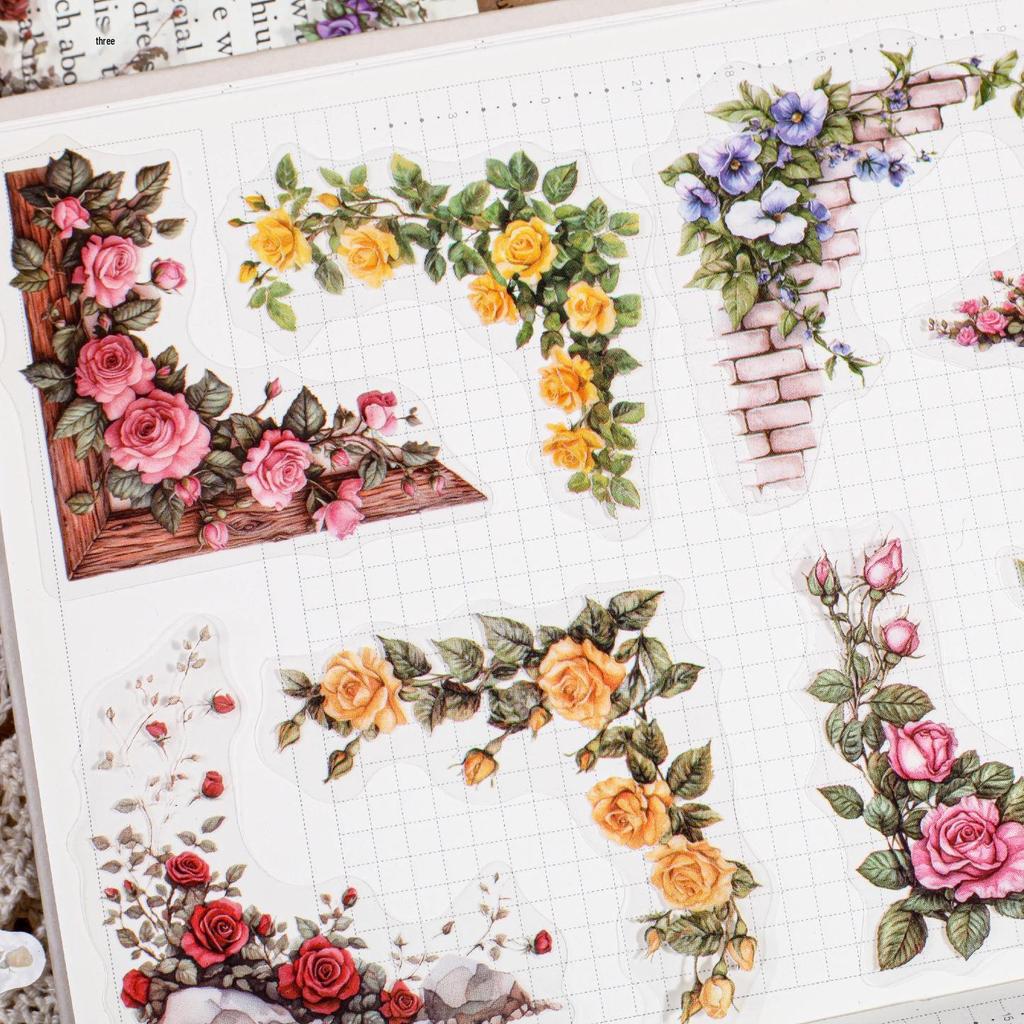 Retro Courtyard Rose Corner Stickers: Flower Journal DIY Decor Set