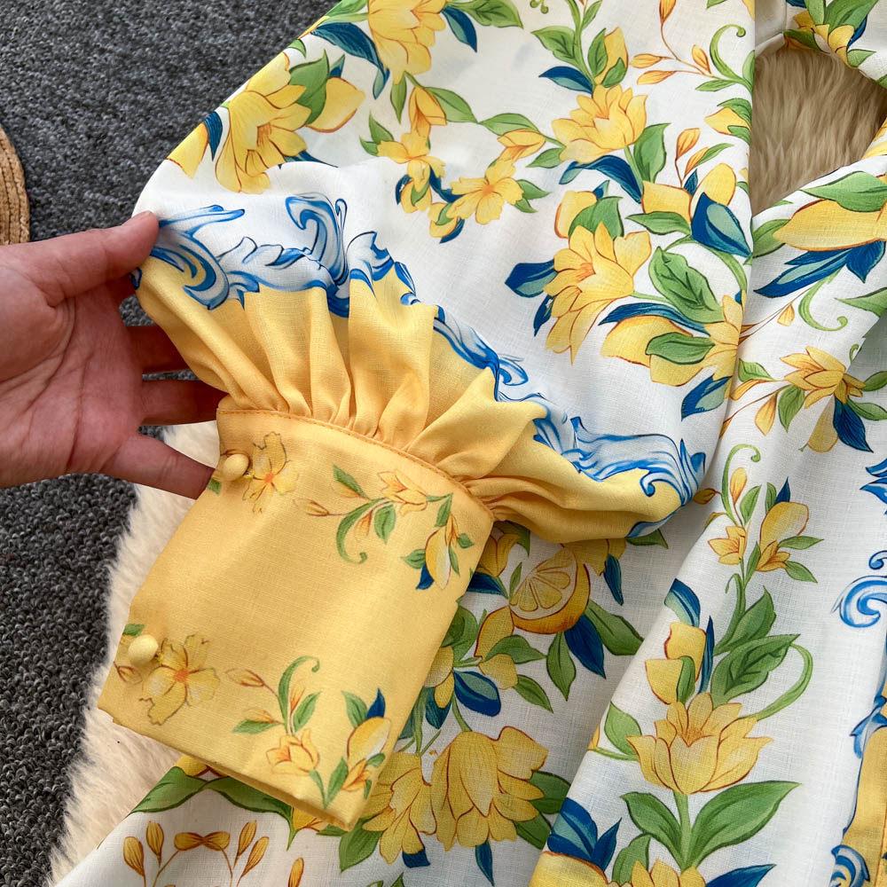 French Court Style Lantern Sleeve Printed Summer Dress - Slim Fit, Waist-Cinching A-Line Skirt