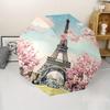 Guarda-chuva Dobrável Automático Torre Eiffel Flores de Cerejeira Parisiense - Estrutura Robusta de Ferro com 8 Varetas, Guarda-chuva Compacto de Viagem com Paris