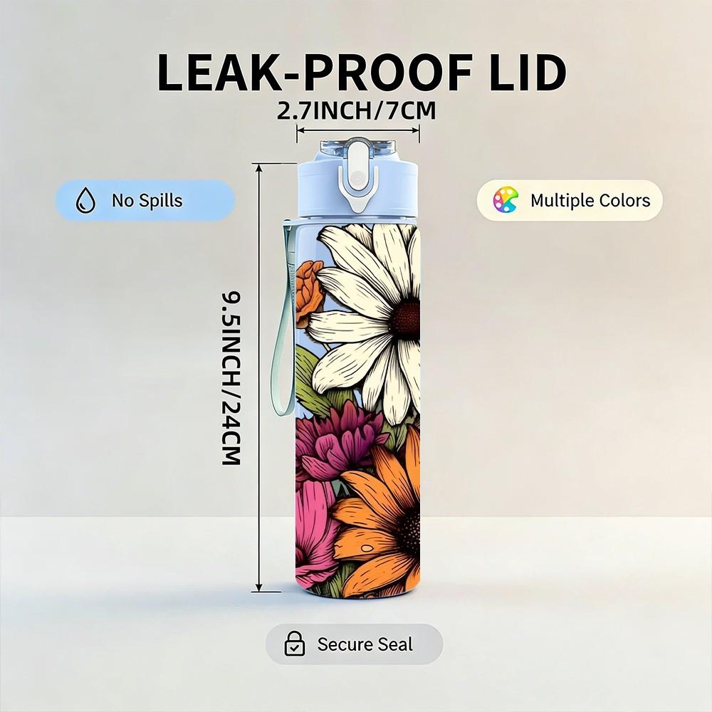 1PC Mixed Daisy Sunflower Bouquet Print 750ml Color Plastic Sports Water Bottle Leakproof Flip Straw Lid Suitable for Sports Office Home Use