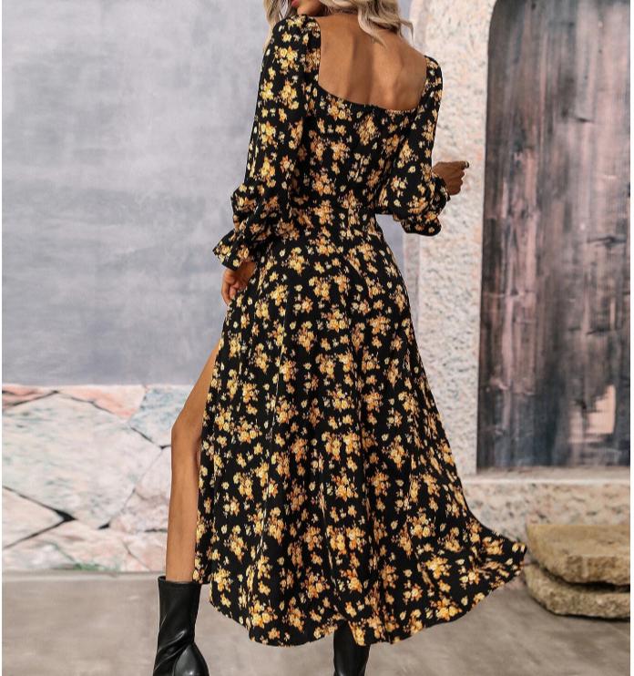 Women Elegant Floral Printed Long Dresses Casual Off-shoulder Puff Long Sleeves Ladies Side Split Dress Female Clothing