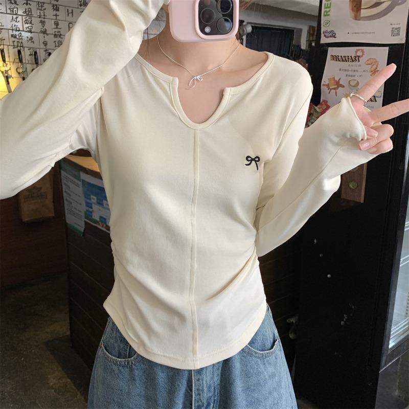 Spring U-neck Irregular Fishbone Line Top Women's Bow Embroidered Long-sleeved T-shirt Sweet Pure Desire Bottoming Shirt